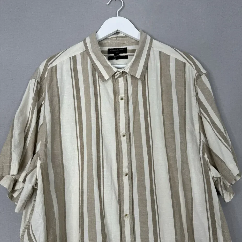 Banana Republic Mens Shirt XXL Tan Linen Blend Striped Slim Fit Old Money Preppy
